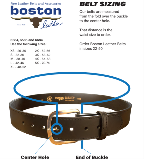 Boston Leather 6501 – 2.25″ Fully Lined Sam Brown Duty Belt Sizing guide