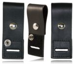 Boston Leather black slotted epaulet mic holder showing three angles - front view with snap closure, side profile with velcro attachment, and back view displaying reinforced stitching and professional construction