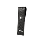 Boston Leather black slotted epaulet mic holder showing three angles - front view with snap closure, side profile with velcro attachment, and back view displaying reinforced stitching and professional construction