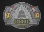 "DCFD belt buckle featuring U.S. Capitol building with flames, crossed fire axes, and EST. 1864 marking for DC Fire Department"