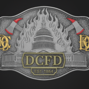 "DCFD belt buckle featuring U.S. Capitol building with flames, crossed fire axes, and EST. 1864 marking for DC Fire Department"