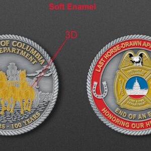 DCFD Last Ride challenge coin showing both sides - front features golden horse-drawn fire apparatus with 1925-2025 100 years text, back shows DCFD badge with Capitol building and Last Horse-Drawn Apparatus Run commemorative text