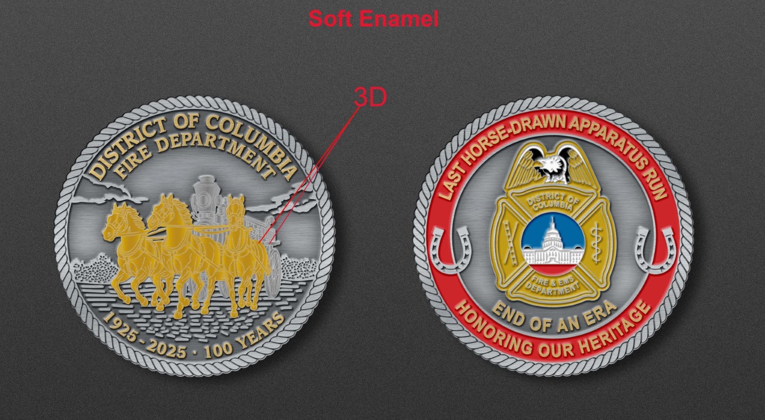 Last ride coin DCFD Last Ride challenge coin showing both sides - front features golden horse-drawn fire apparatus with 1925-2025 100 years text, back shows DCFD badge with Capitol building and Last Horse-Drawn Apparatus Run commemorative text