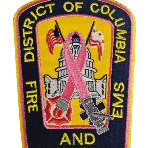 DC Fire and EMS breast cancer awareness embroidered patch featuring pink ribbon over Capitol building with gold border and navy blue background
