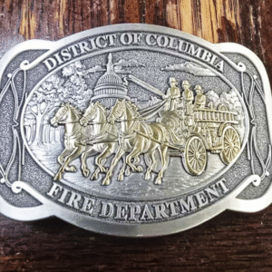 DCFD belt buckle featuring bronze horse-drawn fire engine with three firefighters and U.S. Capitol building on silver background with District of Columbia Fire Department text
