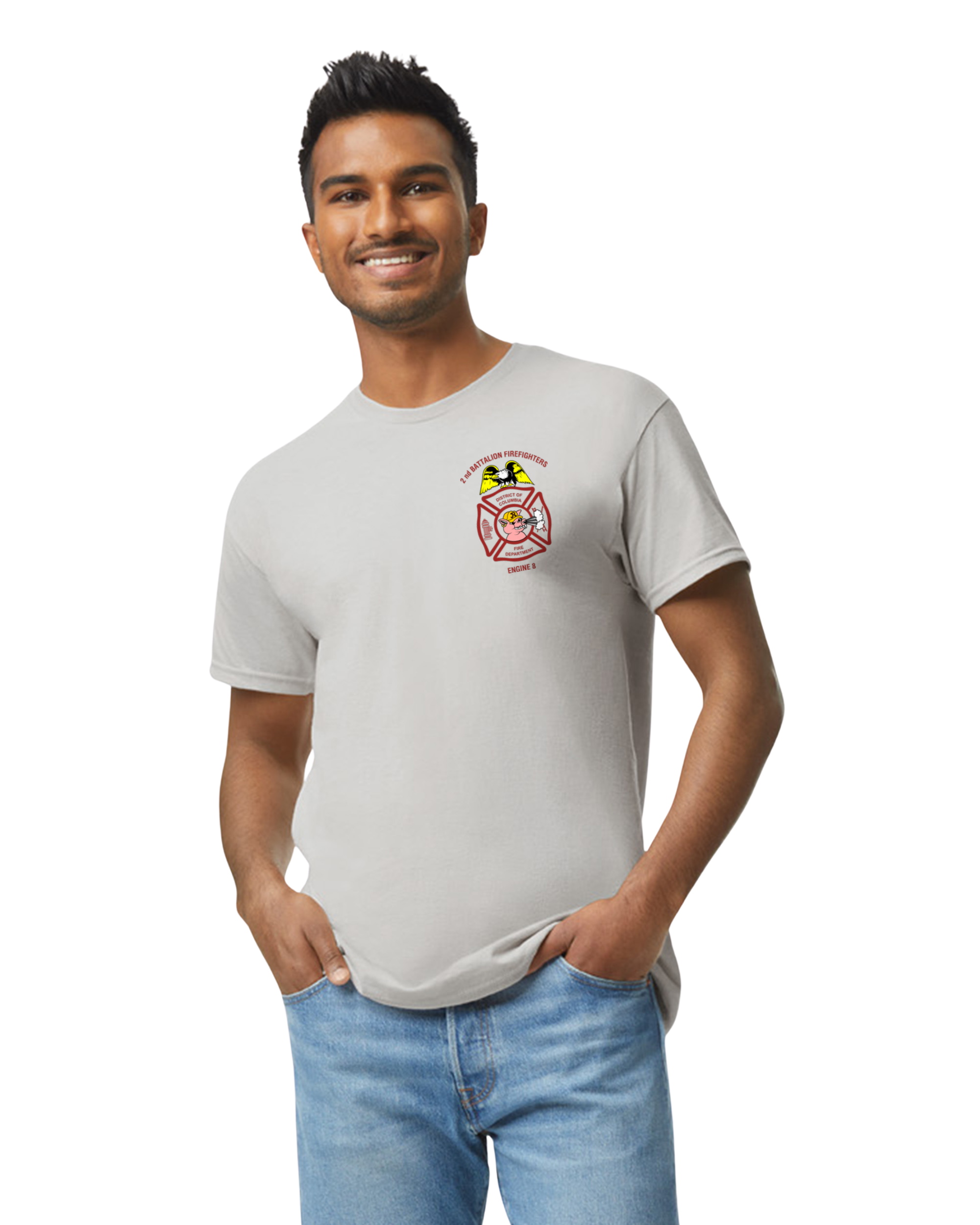 preview "DCFD Engine 8 t-shirt front view showing Lincoln Park Powerhouse logo on chest - DC Fire Department custom apparel"