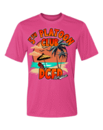 Pink Short Sleeve DCFD 5th Platoon Club retirement t-shirt with orange tropical beach sunset design featuring palm trees, beach chair, umbrella, and Myrtle Beach text
