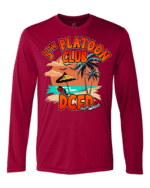 Red Long Sleeve DCFD 5th Platoon Club retirement t-shirt with orange tropical beach sunset design featuring palm trees, beach chair, umbrella, and Myrtle Beach text
