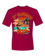 Red Short Sleeve DCFD 5th Platoon Club retirement t-shirt with orange tropical beach sunset design featuring palm trees, beach chair, umbrella, and Myrtle Beach text