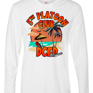 White Long Sleeve DCFD 5th Platoon Club retirement t-shirt with orange tropical beach sunset design featuring palm trees, beach chair, umbrella, and Myrtle Beach text