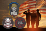 Veterans Day 2025 MPDC Badass Veteran PVC patch collection with glow-in-the-dark text featuring tactical skull design and American flag background with saluting soldiers silhouette