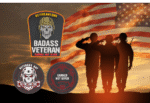 Veterans Day 2025 DCFD Badass Veteran PVC patch collection with glow-in-the-dark text featuring tactical skull design and American flag background with saluting soldiers silhouette