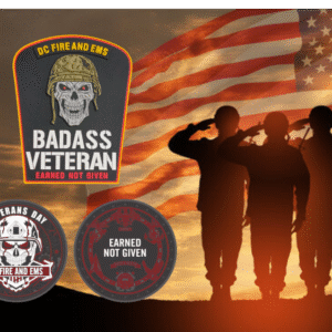 Veterans Day 2025 DCFD Badass Veteran PVC patch collection with glow-in-the-dark text featuring tactical skull design and American flag background with saluting soldiers silhouette