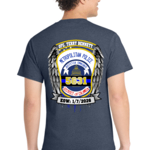 Model showing the back of the shirt with a large Metropolitan Police memorial badge, angel wings, “Ofc. Terry Bennett,” badge number 5631, and EOW: 1/7/2026