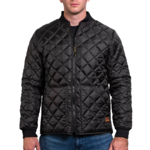 Man wearing a navy blue 1250 Icon Quilted Jacket with ribbed collar and cuffs, designed for male first responders and uniformed professionals.