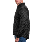 Man wearing a navy blue 1250 Icon Quilted Jacket with ribbed collar and cuffs, designed for male first responders and uniformed professionals.