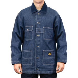 Game Denim Chore Coat 1950 front view with multiple pockets – dark indigo denim ready for custom embroidery, name tapes, and department patches for first responders