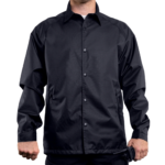 Man wearing a navy 411 Tactical Raid Jacket with snap-front closure and collared design, lightweight duty outerwear for law enforcement and first responders.