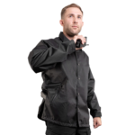 Man wearing a navy 411 Tactical Raid Jacket with snap-front closure and collared design, lightweight duty outerwear for law enforcement and first responders.