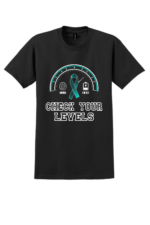 Black Check Your Levels mental health awareness t-shirt with gauge graphic, teal ribbon, and mind and energy icons