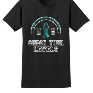 Black Check Your Levels mental health awareness t-shirt with gauge graphic, teal ribbon, and mind and energy icons