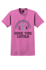 Pink Check Your Levels mental health awareness t-shirt with gauge graphic, teal ribbon, and mind and energy icons