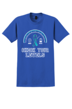 Blue Check Your Levels mental health awareness t-shirt with gauge graphic, teal ribbon, and mind and energy icons