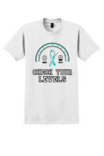 White Check Your Levels mental health awareness t-shirt with gauge graphic, teal ribbon, and mind and energy icons