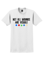White Not All Wounds Are Visible mental health awareness t-shirt with distressed white text and first responder support icons