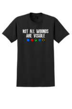 Black Not All Wounds Are Visible mental health awareness t-shirt with distressed white text and first responder support icons