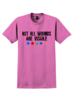 Pink Not All Wounds Are Visible mental health awareness t-shirt with distressed white text and first responder support icons
