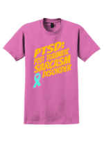 Pink PTSD: Post Traumatic Sarcasm Disorder mental health awareness t-shirt with bold yellow text and teal ribbon