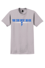 Gray EMS mental health awareness t-shirt with Your Story Doesn’t End Here message and blue EMS symbol