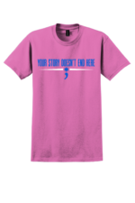 Pink EMS mental health awareness t-shirt with Your Story Doesn’t End Here message and blue EMS symbol
