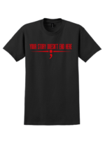 Black firefighter mental health awareness t-shirt with Your Story Doesn’t End Here message and red fire service symbol