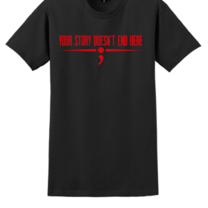 Black firefighter mental health awareness t-shirt with Your Story Doesn’t End Here message and red fire service symbol