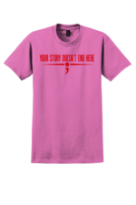 Pink firefighter mental health awareness t-shirt with Your Story Doesn’t End Here message and red fire service symbol