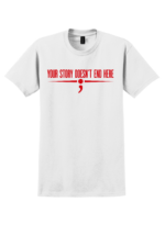 White firefighter mental health awareness t-shirt with Your Story Doesn’t End Here message and red fire service symbol
