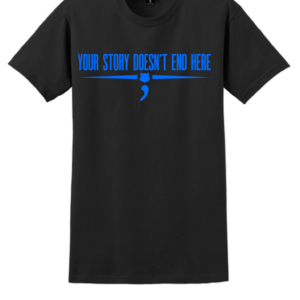 Black police mental health awareness t-shirt with Your Story Doesn’t End Here message and blue police symbol