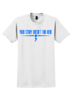 White police mental health awareness t-shirt with Your Story Doesn’t End Here message and blue police symbol