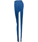 Side view of royal blue Walden Glen Wahoos warm-up pants showing the full-length white contrast stripe panel running down the leg