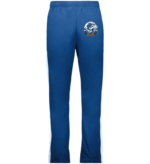 Royal blue athletic warm-up pants with white side stripe panels and Walden Glen Wahoos team logo printed on the left thigh — swim team spirit wear
