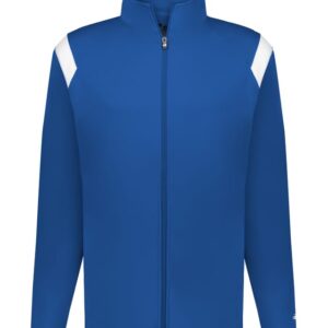 Royal blue and white Badger full-zip warm-up track jacket with white accent panels on the shoulders — Walden Glen Wahoos swim team apparel.