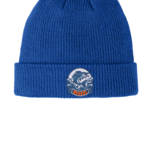 Royal blue ribbed knit cuffed beanie with the Walden Glen Wahoos team logo embroidered on the front cuff — a wahoo fish leaping through ocean waves with "WAHOOS" on a bold orange and navy banner