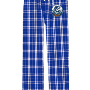 Royal blue and white plaid flannel lounge pants with a white drawstring waistband and Walden Glen Wahoos team logo printed on the upper left thigh — a wahoo fish leaping through ocean waves with "WAHOOS" on a bold orange and navy banner