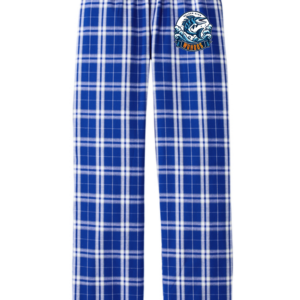 Royal blue and white plaid women's flannel lounge pants with a white drawstring waistband and Walden Glen Wahoos team logo printed on the upper left thigh — a wahoo fish leaping through ocean waves with "WAHOOS" on a bold orange and navy banner