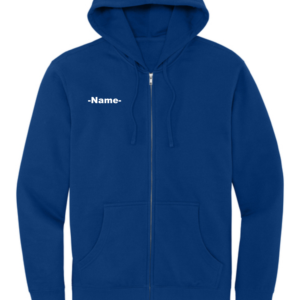 Royal blue full-zip hoodie with customizable swimmer name printed in white on the left chest — Walden Glen Wahoos swim team spirit wear