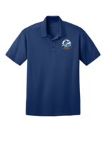Royal blue men's short-sleeve performance polo with three-button placket and Walden Glen Wahoos team logo screen-printed on the left chest — a wahoo fish leaping through ocean waves with "WAHOOS" on a bold orange and navy banner