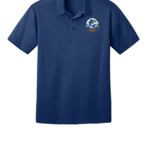 Royal blue men's short-sleeve performance polo with three-button placket and Walden Glen Wahoos team logo screen-printed on the left chest — a wahoo fish leaping through ocean waves with "WAHOOS" on a bold orange and navy banner