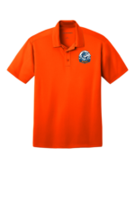 Royal blue men's short-sleeve performance polo with three-button placket and Walden Glen Wahoos team logo screen-printed on the left chest — a wahoo fish leaping through ocean waves with "WAHOOS" on a bold orange and navy banner